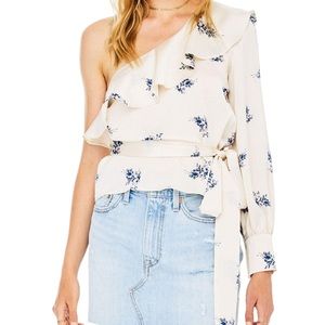 Astr Cream and Blue Floral One-Shoulder Blouse